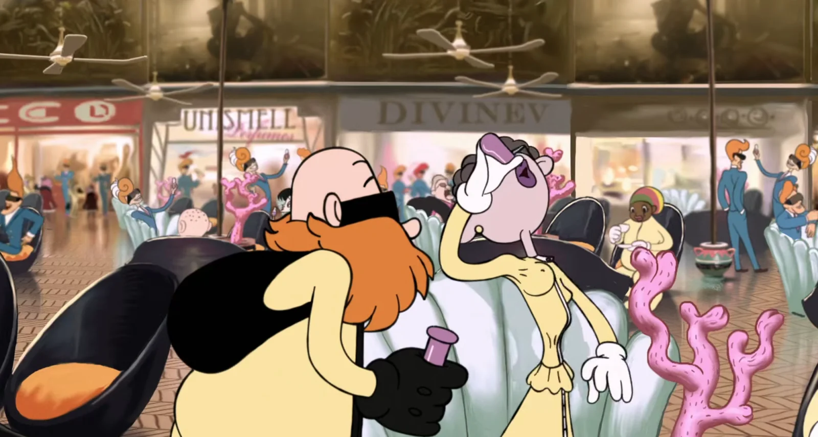 Two cartoon guests in the hotel mall drinking from small purple vials, with shop signs and other guests behind them.