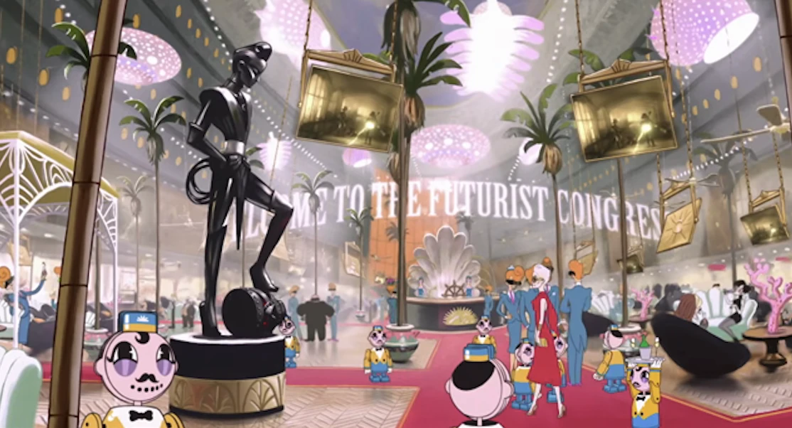 The animated hotel lobby at the Futurist Congress: a tall black statue, palm trees, glowing lamps and bellhops, with the words “Welcome to the Futurist Congress” overhead.