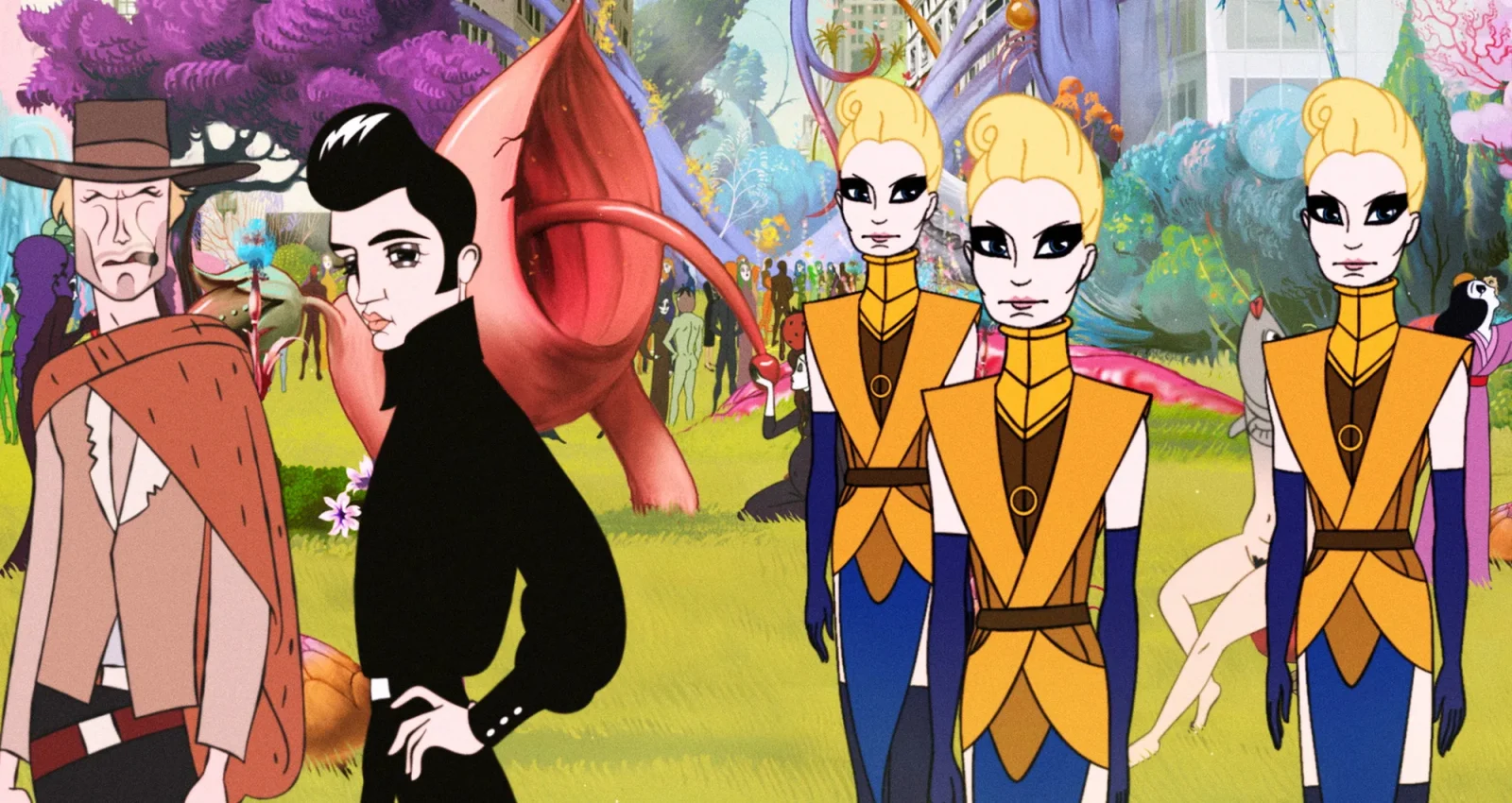 Three identical blonde figures in orange and blue outfits stand in a colourful animated park, beside cartoon figures of a cowboy and a man in black with a quiff.