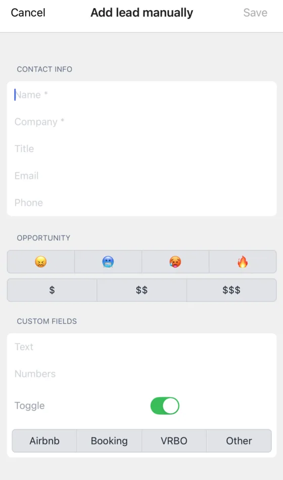 The Add lead manually form: contact info, an opportunity rating, custom fields and notes.