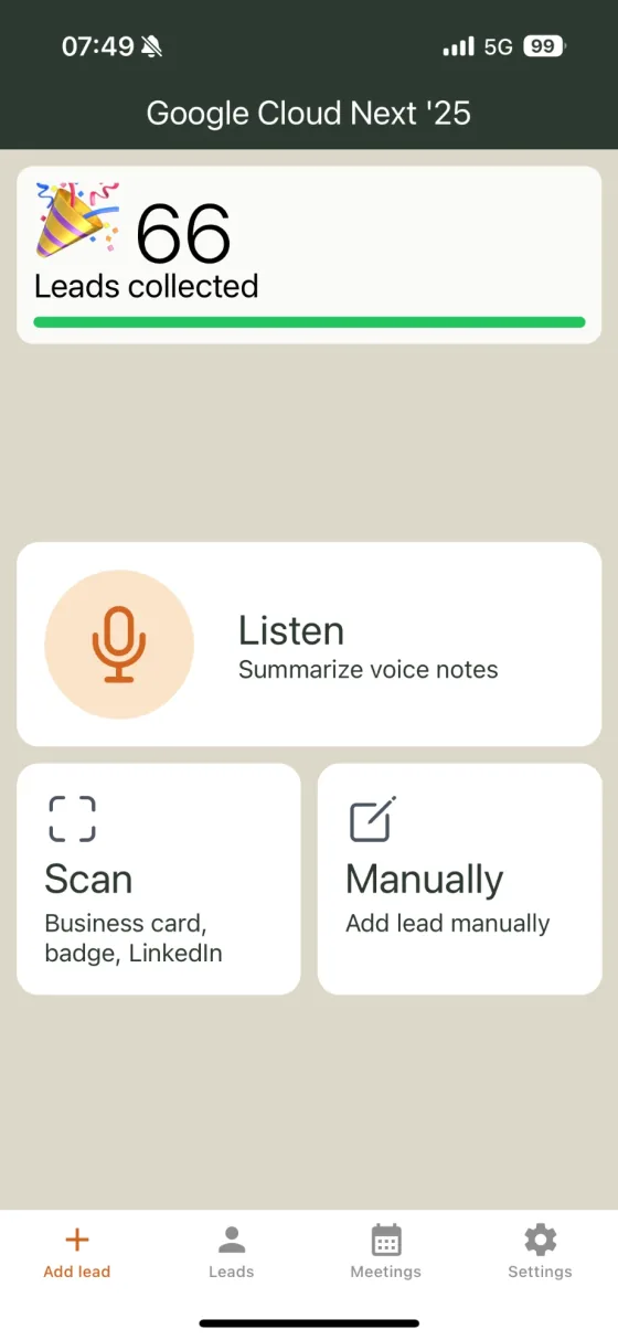 SideDish home screen at Google Cloud Next ’25: 66 leads collected, with buttons to listen, scan a badge or business card, or add a lead manually.