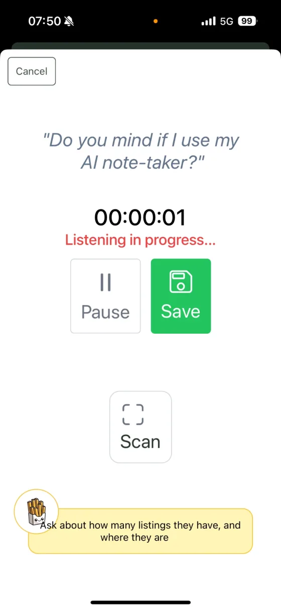 Recording screen with the prompt “Do you mind if I use my AI note-taker?”, a running timer, Pause and Save buttons, and a coaching tip.