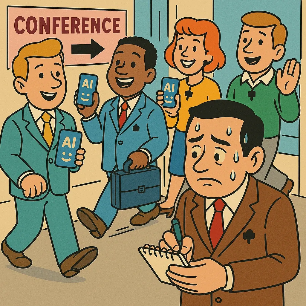 Illustration of a conference hallway. Four smiling attendees hold phones showing an AI smiley, while a sweating man in a brown jacket scribbles on a paper notepad.