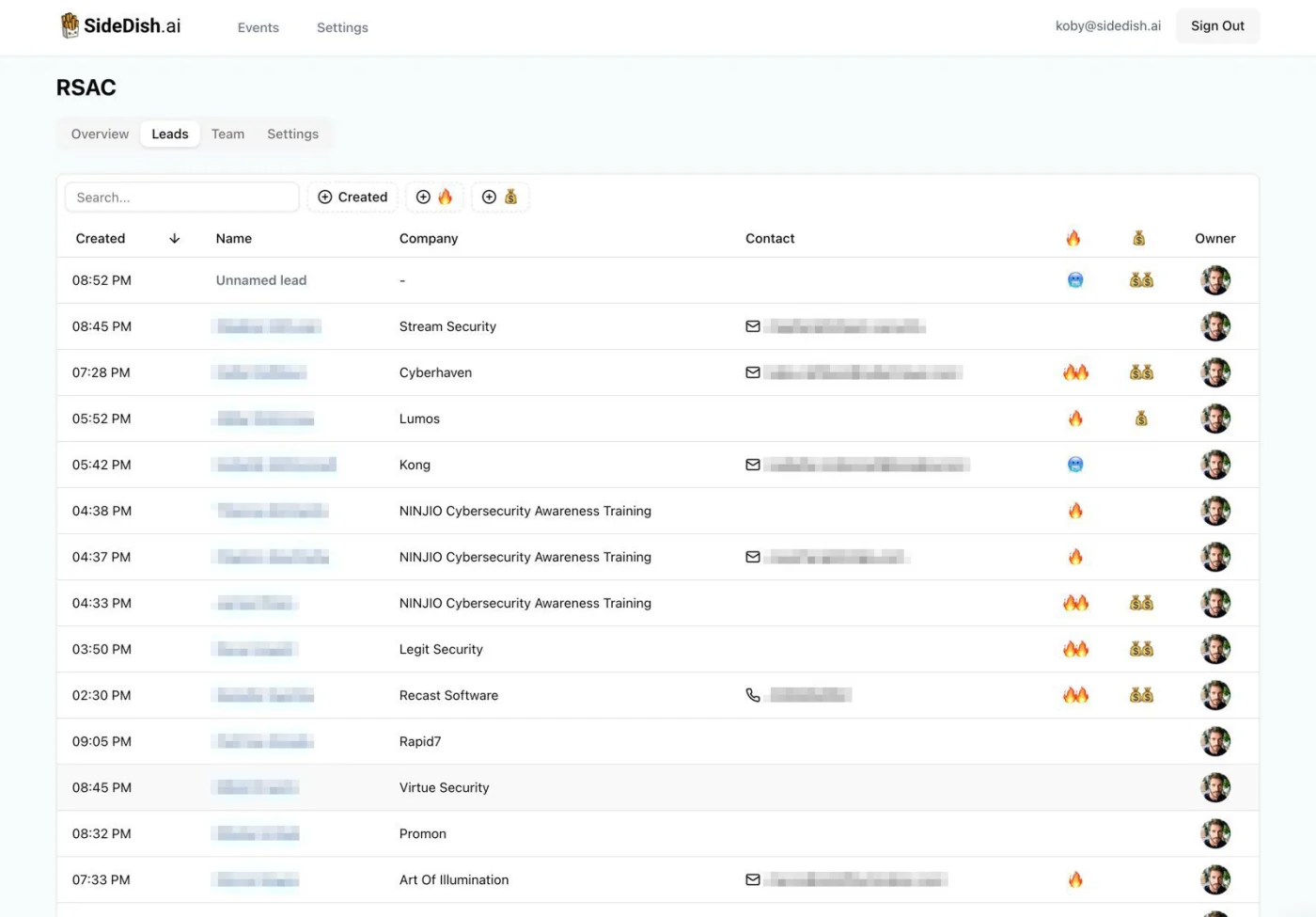 The web dashboard’s Leads tab for RSAC: a search box and filters above a table of leads with company, contact, opportunity ratings and owner. Lead names and contact details are pixelated.