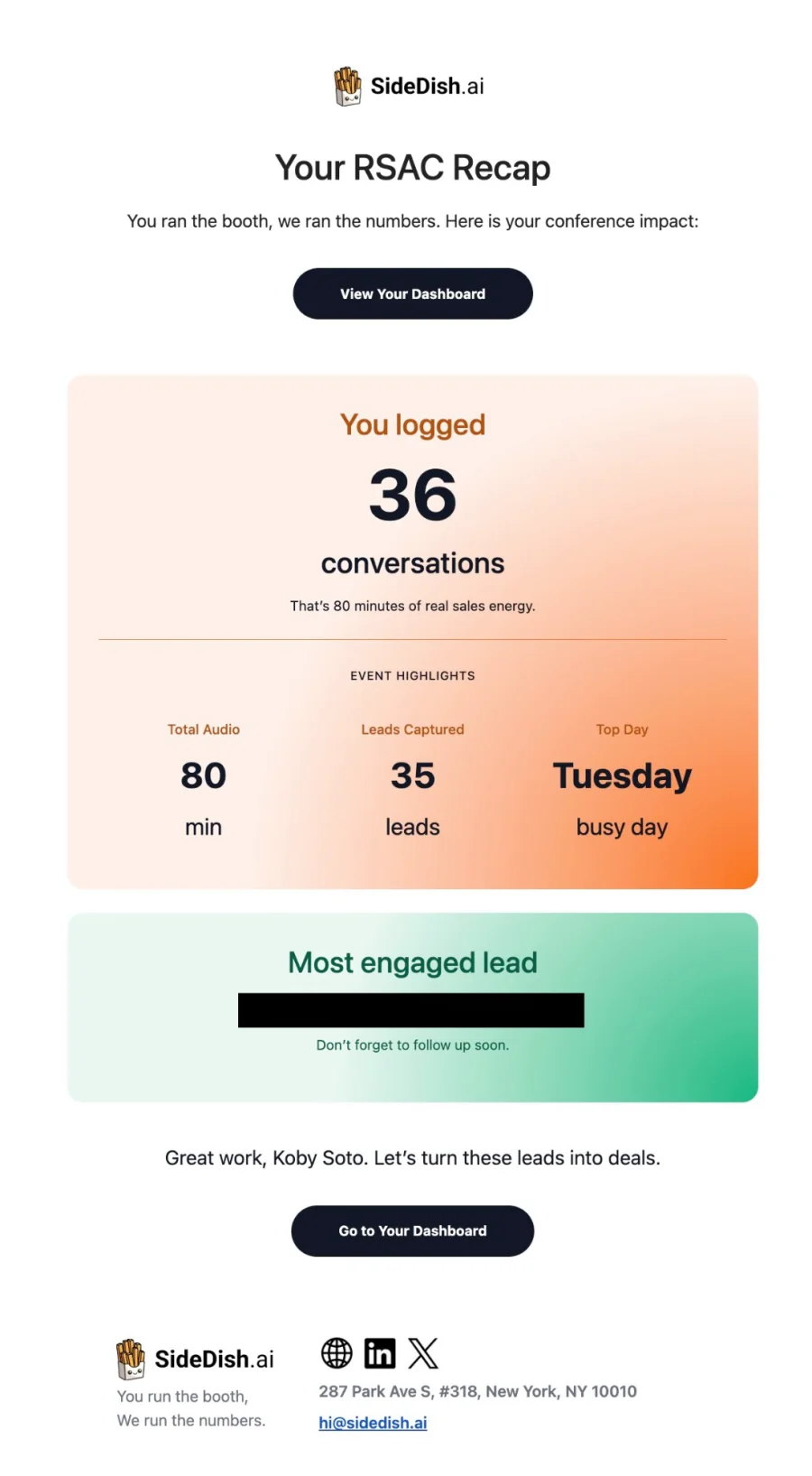 A SideDish recap email for RSAC: 36 conversations logged, 80 minutes of audio, 35 leads captured, Tuesday as the top day, and a most engaged lead.