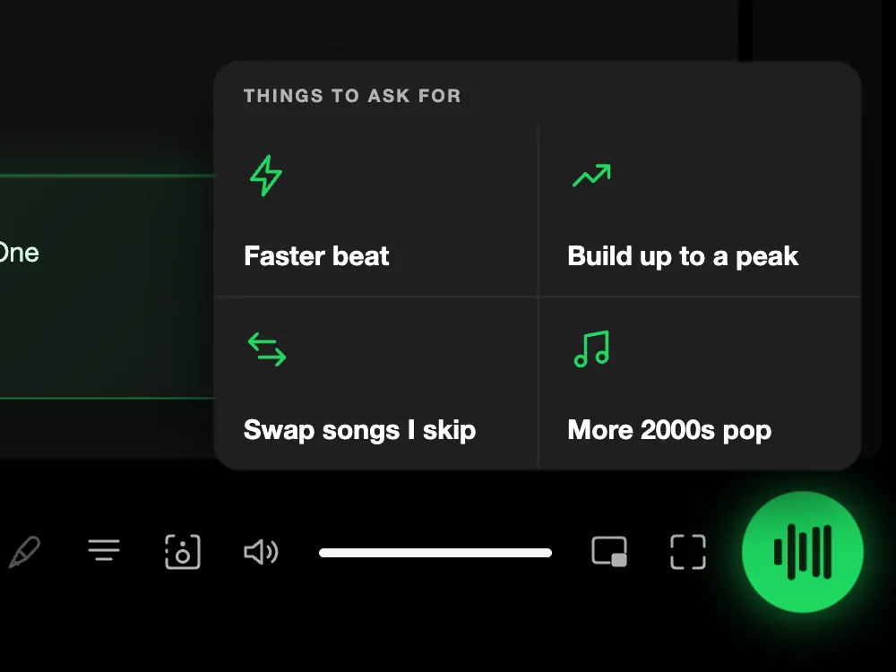 A panel above the AI button titled “Things to ask for”: Faster beat, Build up to a peak, Swap songs I skip and More 2000s pop.