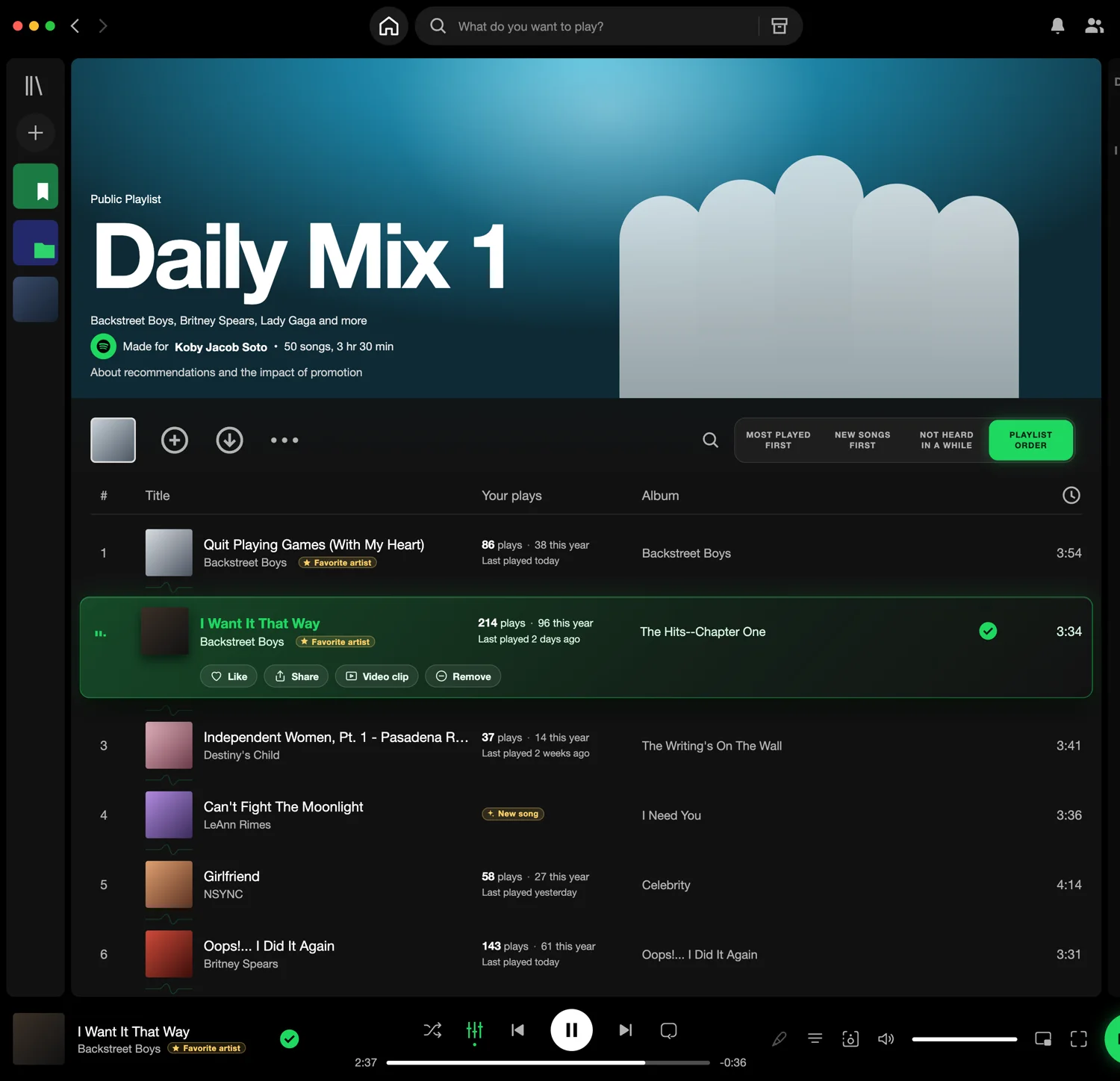 The redesigned Daily Mix 1 page: sort chips above the list, a Your plays column, a highlighted song that is playing with Like, Share, Video clip and Remove buttons, and a “Living Room is nearby” prompt by the player.