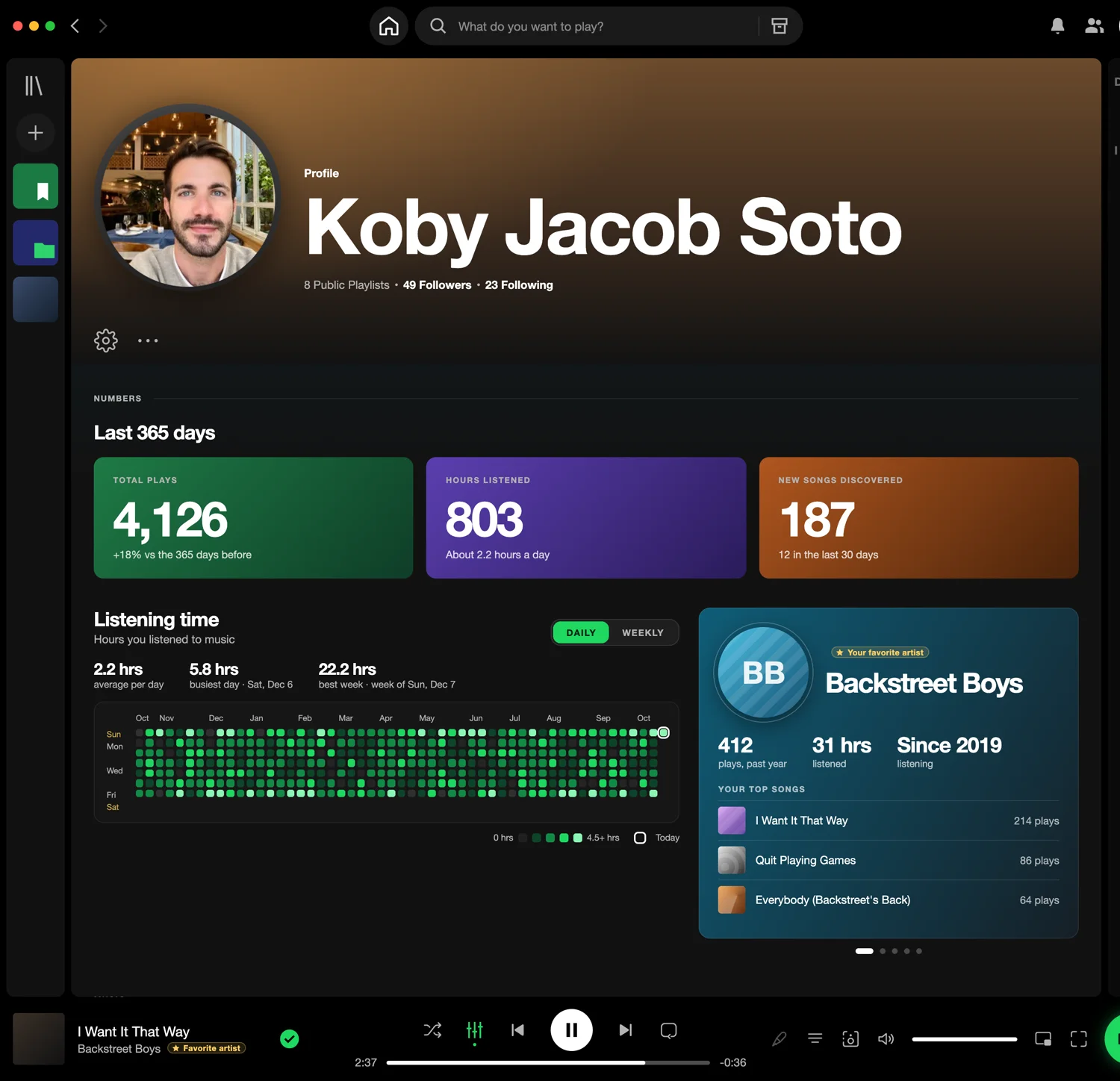 The redesigned profile, with a large avatar and name and tiles of listening numbers underneath.