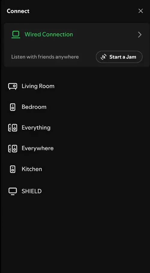 The current Connect panel: Wired Connection, Start a Jam, and a plain list of device names.
