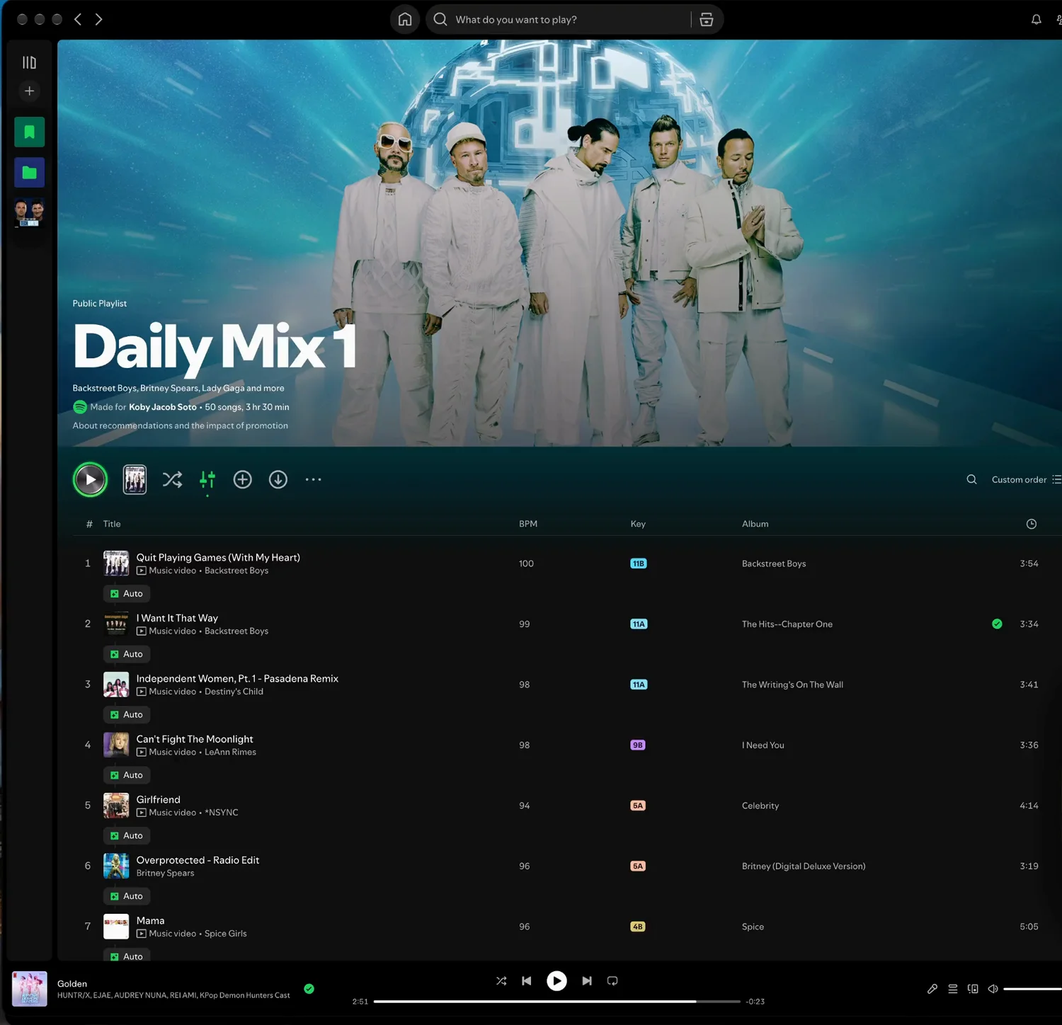 The current playlist page, with a large cover image, BPM and Key columns and an Auto tag under every song.