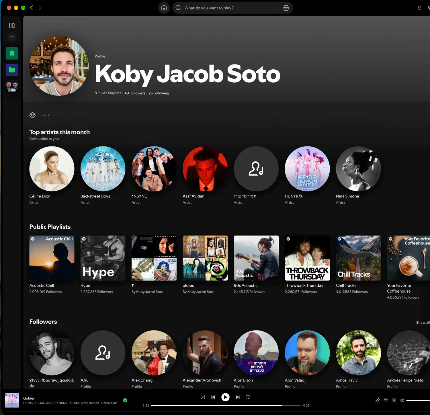 The current profile page, with top artists and public playlists.