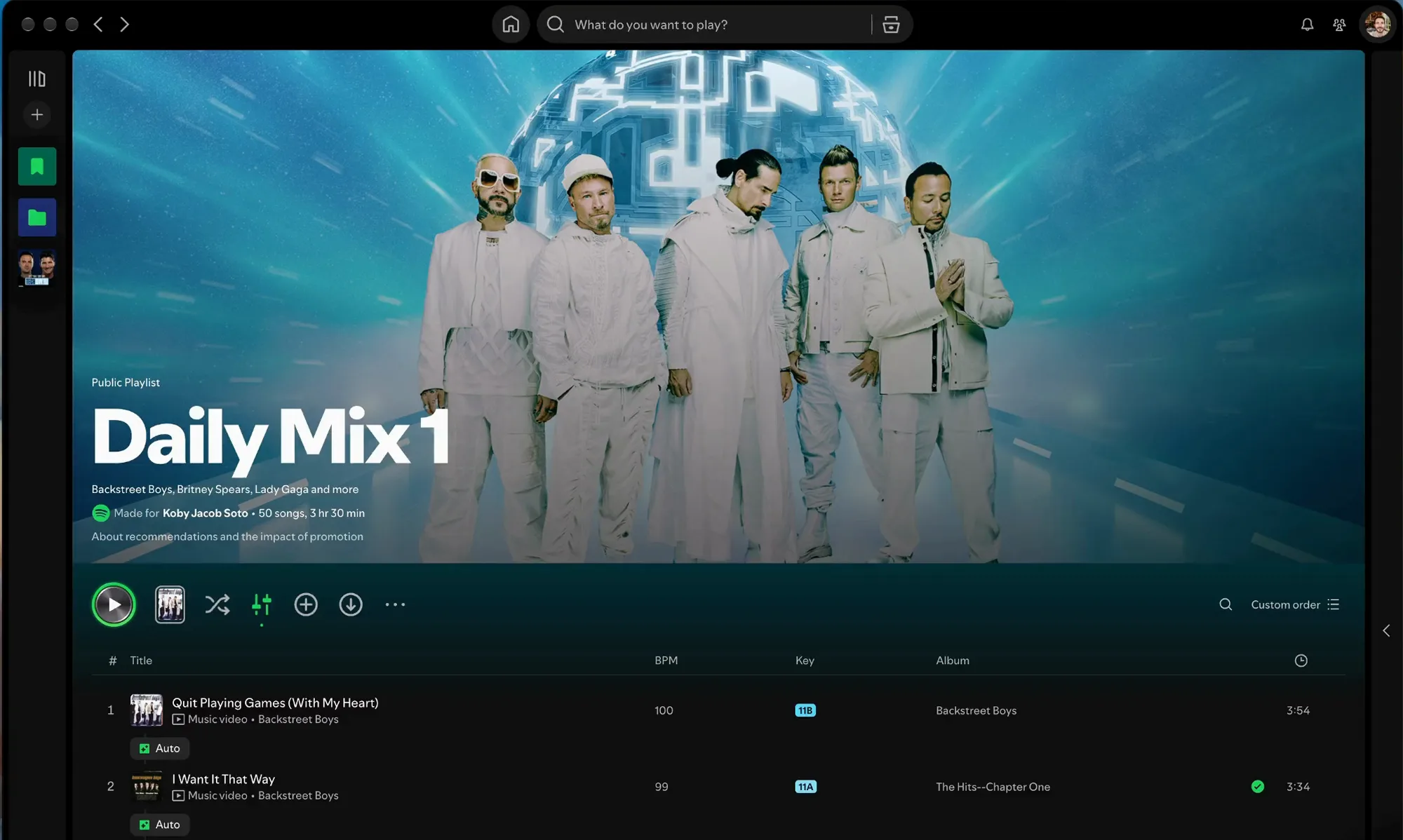The current Daily Mix 1 playlist page in Spotify, with a large cover image, a row of buttons, BPM and Key columns and an Auto tag under every song.