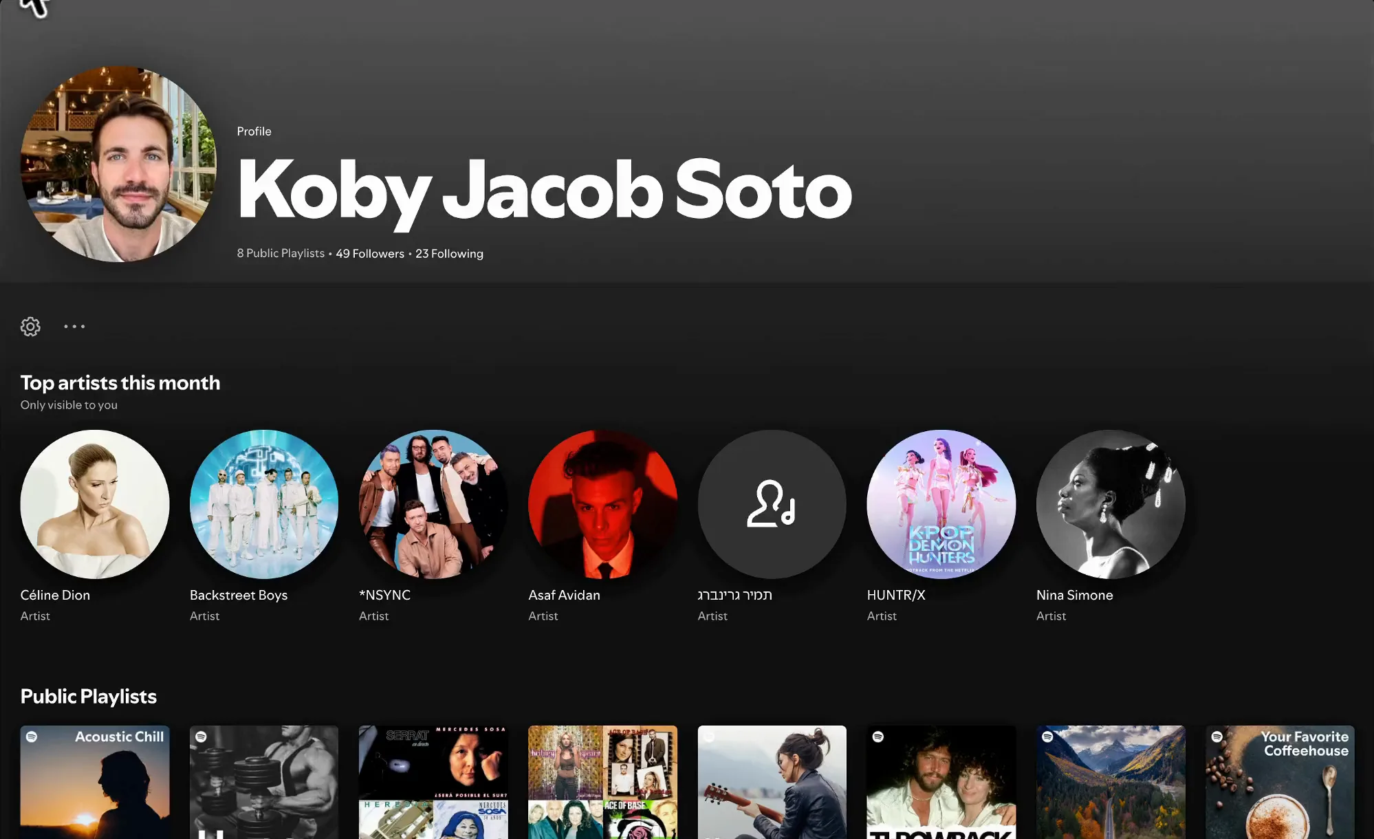 The current profile page: a name, 8 public playlists, 49 followers and 23 following, then a row of top artists and a row of public playlists.
