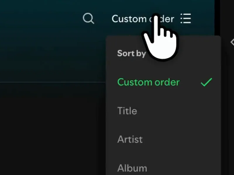 The sort menu in Spotify, with Custom order selected, followed by Title, Artist, Album, Release date and Duration.