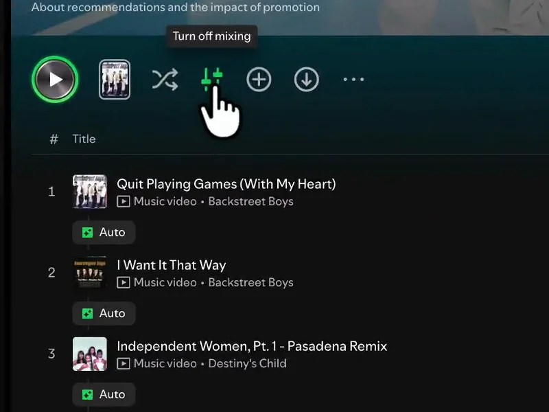 The playlist toolbar with play, shuffle and mixing buttons and a “Turn off mixing” tooltip, with the cursor on the mixing button.