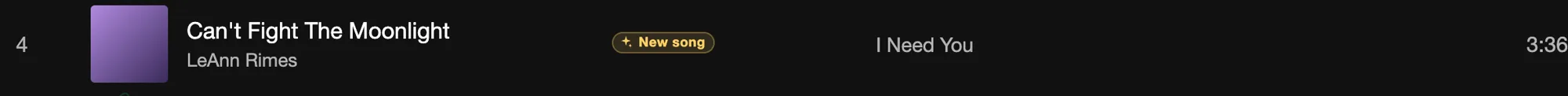 A song row for Can’t Fight The Moonlight by LeAnn Rimes, with a yellow “New song” badge where the play counts would be.