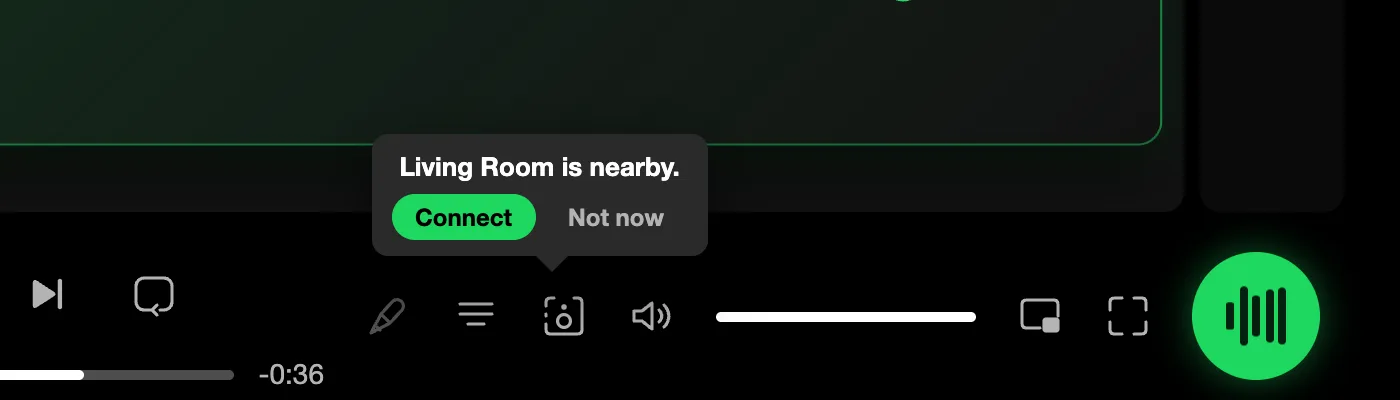A small prompt above the Connect button: “Living Room is nearby”, with Connect and Not now.