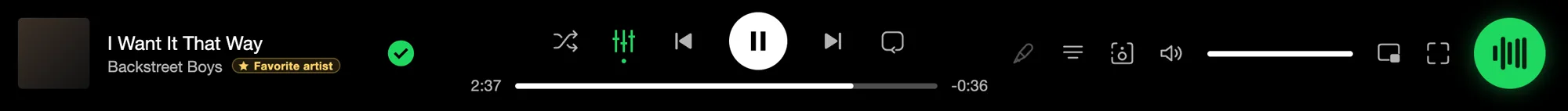 The player bar, with shuffle and mixing buttons beside previous, pause and next.